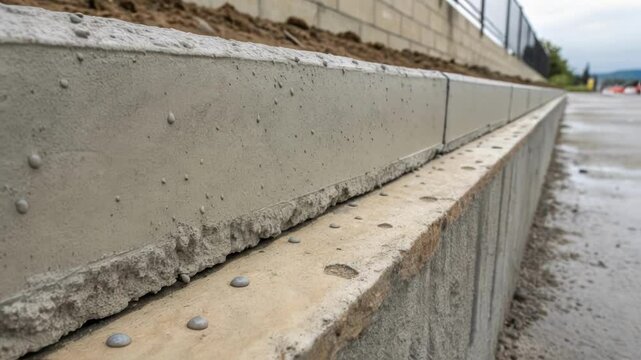 A medium closeup of a section of a concrete wall highlighting the texture and color of a selfhealing coating with microcapsules positioned near the surface ready to release healing