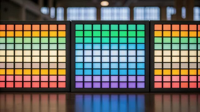 A medium closeup of a series of panels with a pixelated design where each square radiates unique colors creating a dynamic mosaic effect under varying light.