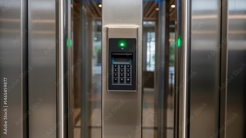 Poster A medium closeup of a sleek RFID card reader integrated into a modern entryway showing a person tapping a card to gain access with a notification light changing color upon