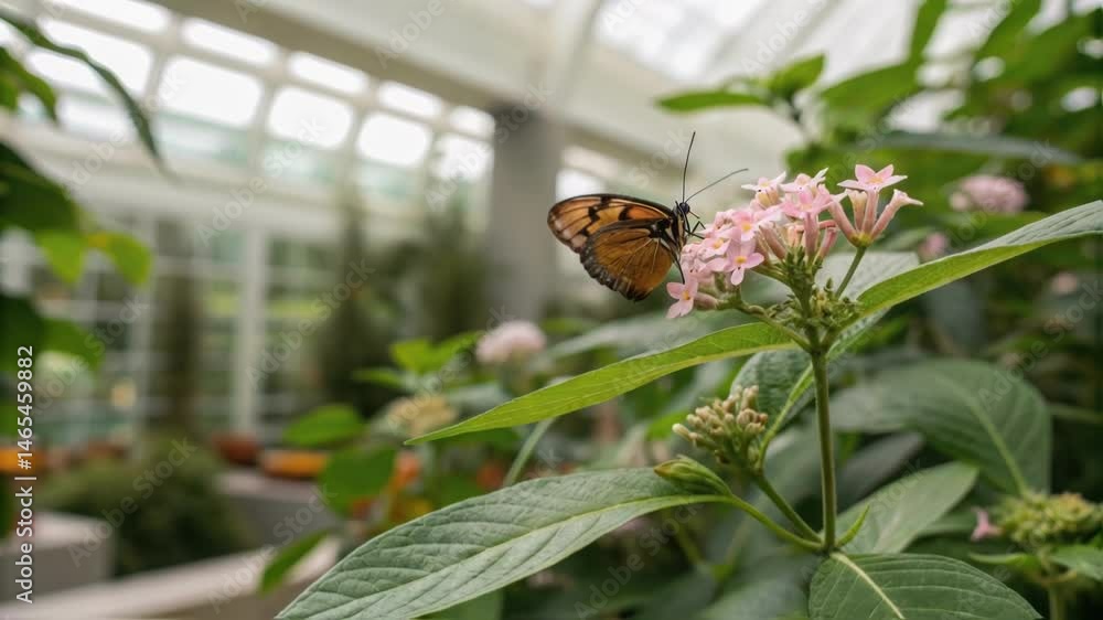 Poster a medium closeup of a small butterfly resting on a leaf of a delicate flowering plant in a biophilic