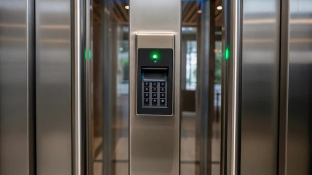 A medium closeup of a sleek RFID card reader integrated into a modern entryway showing a person tapping a card to gain access with a notification light changing color upon