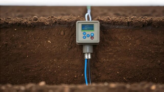 A medium closeup of a soil moisture sensor embedded in the ground with wires leading to a small control box monitoring conditions to trigger drainage operations.