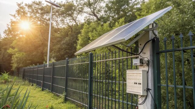 A medium closeup of a solar panel mounted on the fencing capturing sunlight to power the monitoring systems with a backdrop of greenery reflecting sustainability.