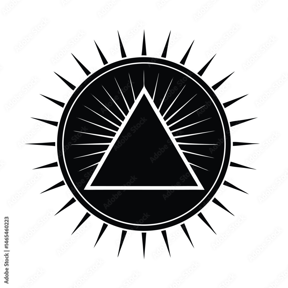 Poster black and white vector graphic featuring a triangle within a circle with radiating lines suggestive 