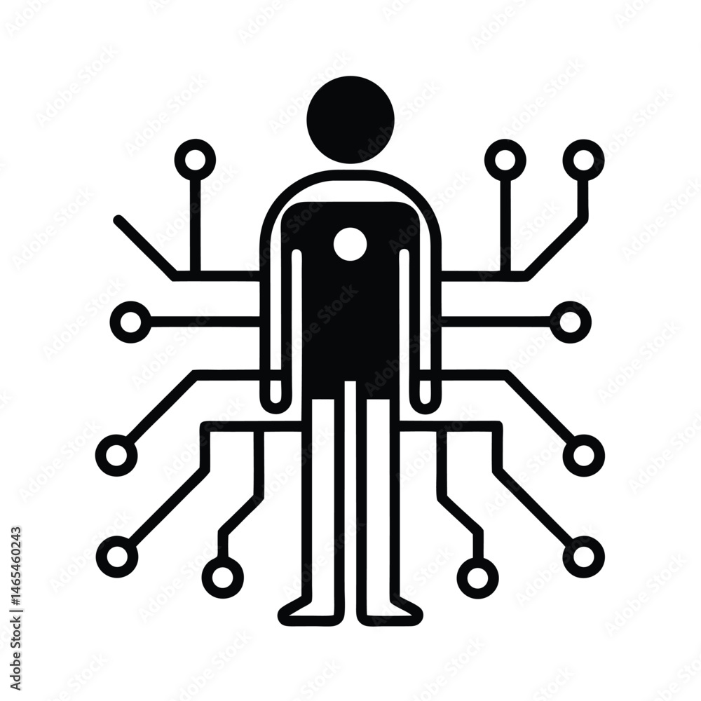 Poster black and white silhouette design depicting human form integrated with digital circuit elements for 