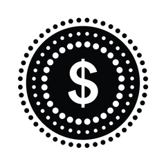 Simple black and white illustration of a dollar sign inside a coin featuring dotted border for financial themes