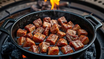 Sizzling beef cubes in hot cast iron skillet on charcoal grill,  delicious,  cooking
