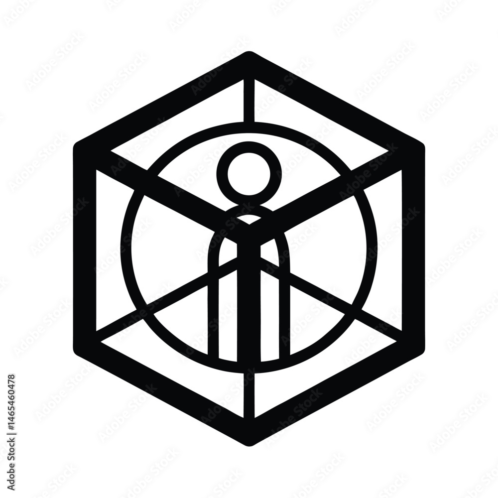 Aufkleber a minimalistic black and white vector illustration of a person within a geometric cube and a surroun