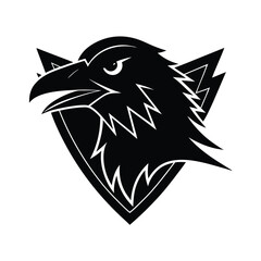 Striking black and white graphic illustration of a stylized raven head inside of a triangular shape design suitable for a logo