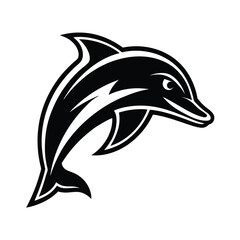 Graphic representation of a leaping dolphin in monochrome style showing a streamlined design and elegant form with clean lines