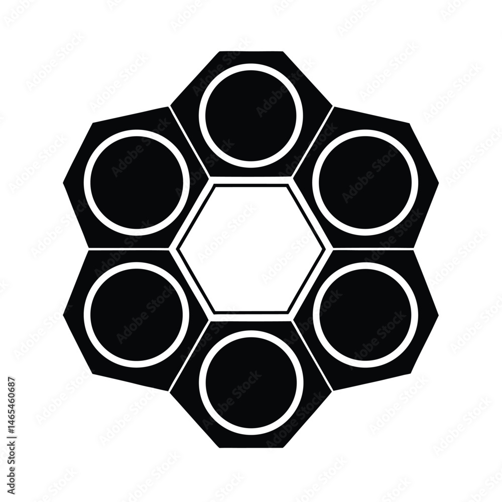 Poster geometric black and white pattern featuring a hexagon central shape surrounded by other shapes with 