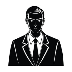 Professional black and white illustration of a business man wearing a suit and tie posing on a clean white background