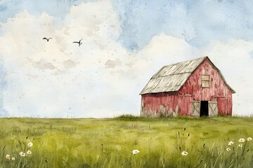 Fototapeta premium Rustic Red Barn in Watercolor Landscape Painting