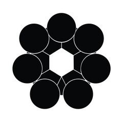 Abstract geometric design featuring black circles arranged around a white hexagon shape on a white background.