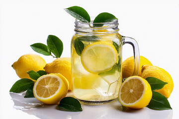 Refreshing lemon drink in a clear jar with sliced lemons and green leaves on a white background