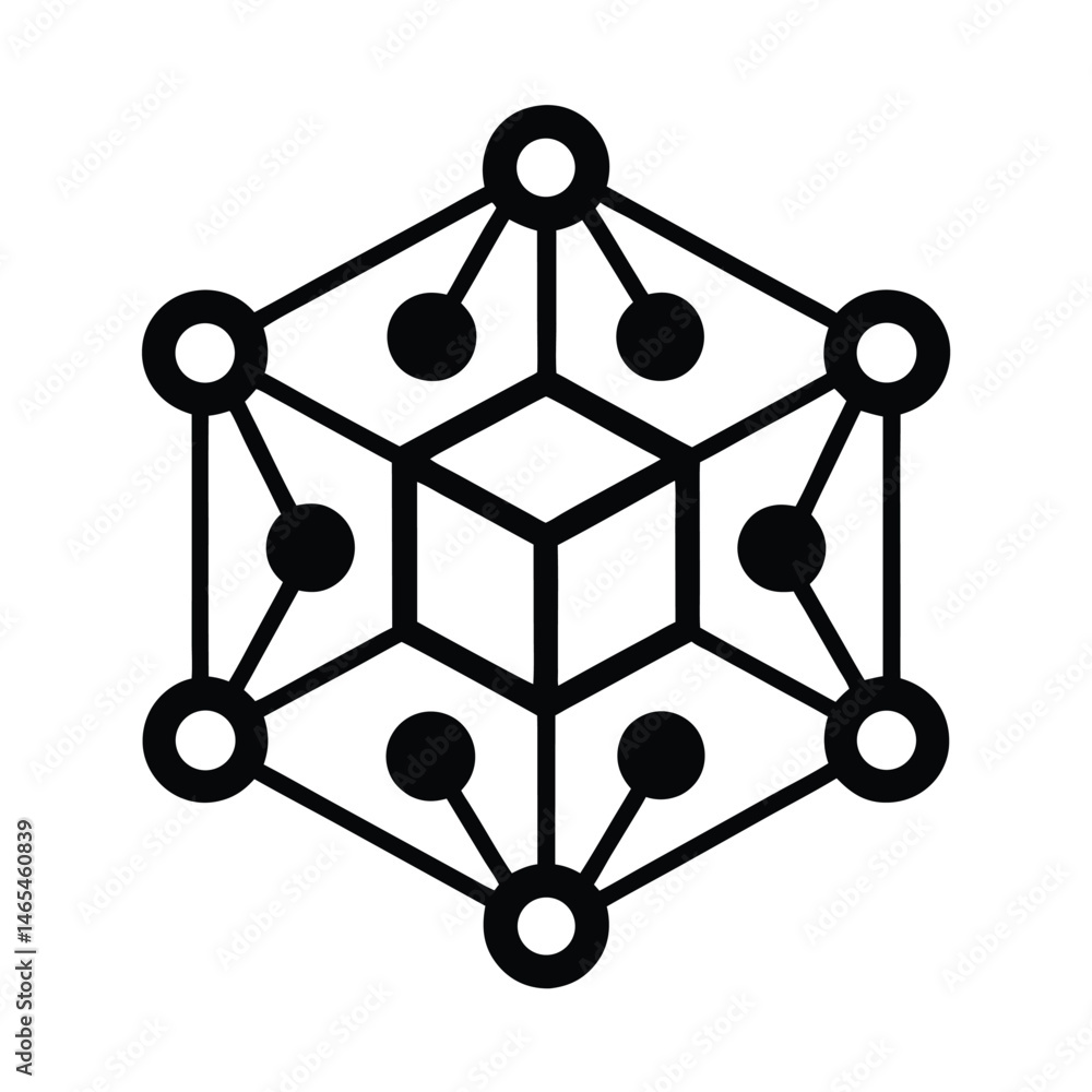 Poster abstract black and white graphic depicting a networked cube design suitable for technology and data 