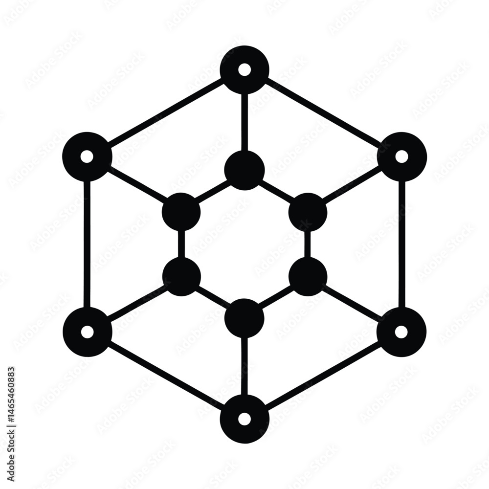 Poster black and white illustration of a geometric abstract molecular structure with interconnected nodes a