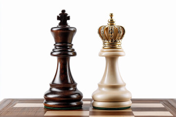 Chess pieces representing king and queen on a wooden board create a striking contrast in color and design