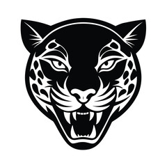 Striking black and white illustration of a fierce jaguar head featuring intricate tribal inspired patterns.