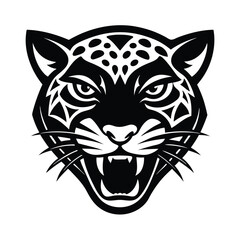 Powerful black and white illustration of a fierce jaguar head roaring showing sharp teeth and aggression