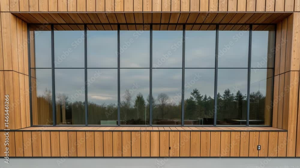 Poster a medium closeup of a transparent wood facade on a contemporary building reflecting its surroundings