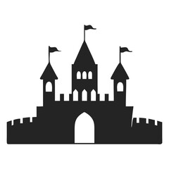Majestic castle silhouette displays formidable walls, towers, and flags, representing strength and defense
