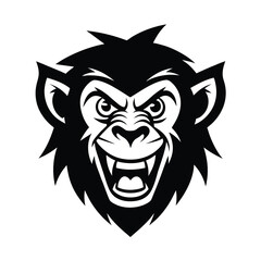 Fierce monkey head vector illustration depicting a grinning gorilla or ape with dramatic facial expressions in black and white