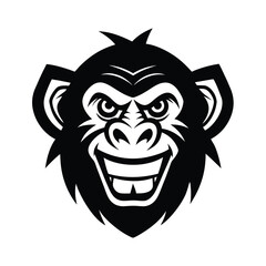 Bold black and white illustration of a smiling chimpanzee head perfect for logos and various design projects