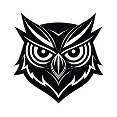 Striking vector illustration of an owl head in black and white, perfect for logos and graphic designs, depicting wisdom.