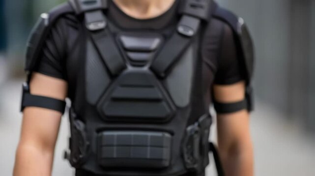 A medium closeup of a user donning a sleek exoskeleton that wraps around the torso and arms demonstrating how it conforms to the human body for maximum comfort and support.