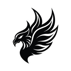 Silhouette of a powerful winged griffin head with bold black design on a white background for logos