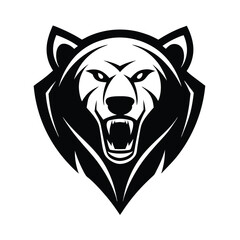 A bold and powerful black and white illustration of an aggressive bear head mascot design
