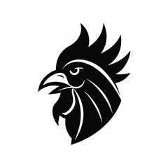 A bold black and white vector illustration of a rooster head suitable for logos or emblem designs