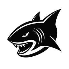A menacing black and white illustration of a great white shark with its jaws open and sharp teeth showing.