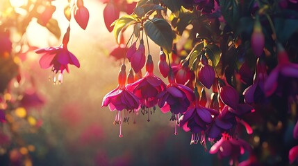 Vibrant fuchsia blossoms illuminated by golden sunlight.