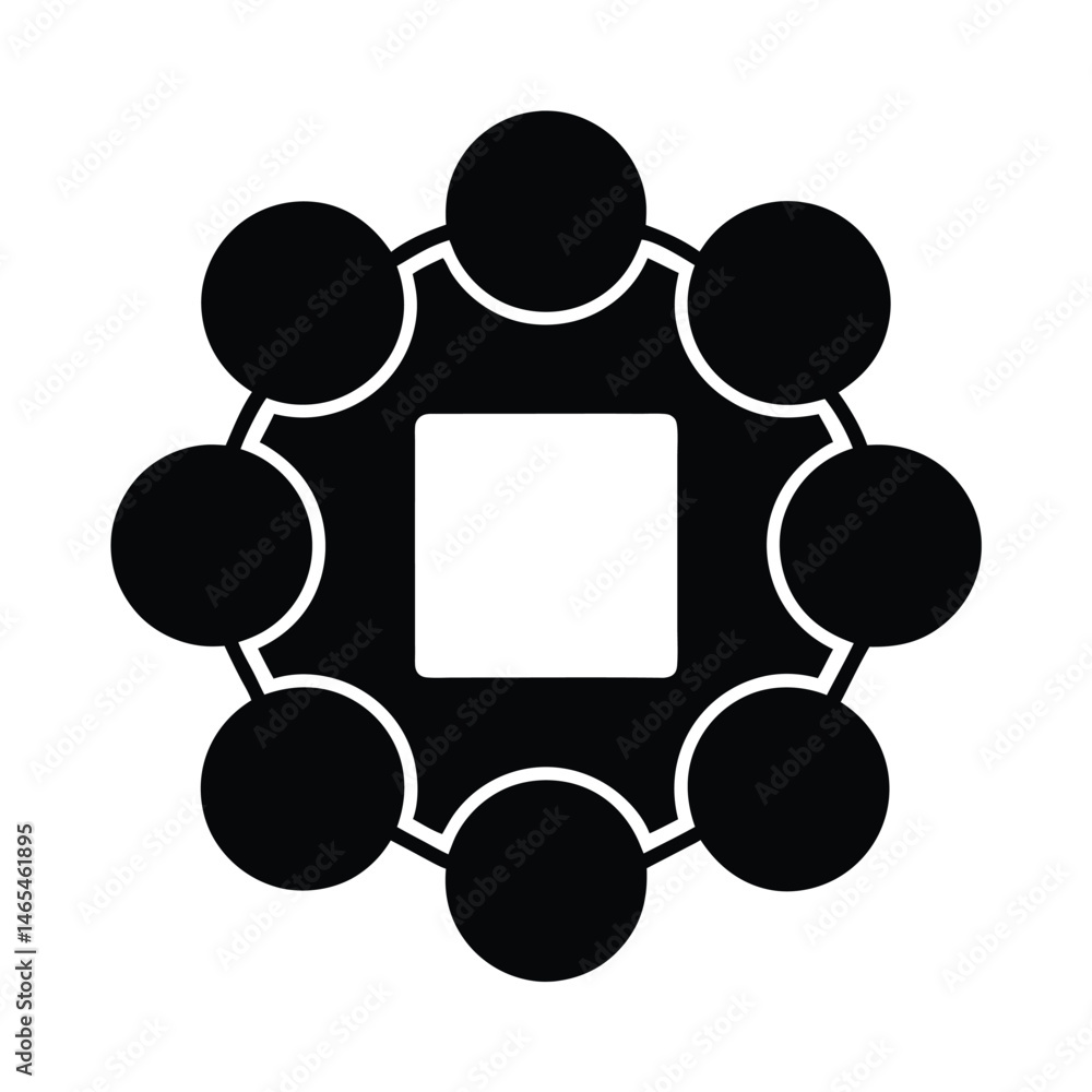 Poster abstract diagram illustrating interconnectedness with eight circular elements surrounding a central 
