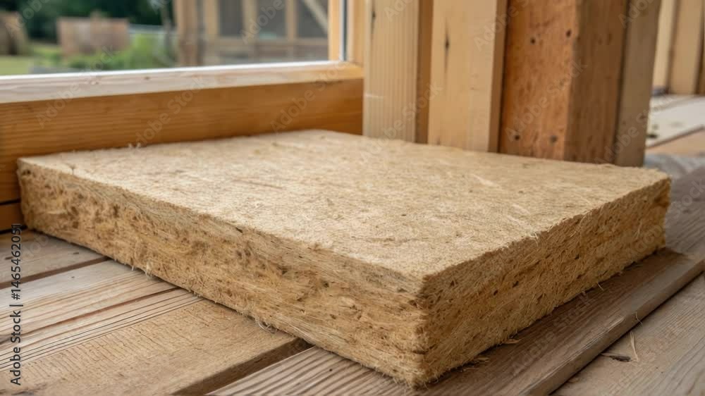 Poster a medium closeup of a wooden fiber insulation board p against a wooden frame displaying the rough ed