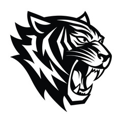 Fierce black and white tiger head illustration roaring aggressively depicting strength and power for graphic design
