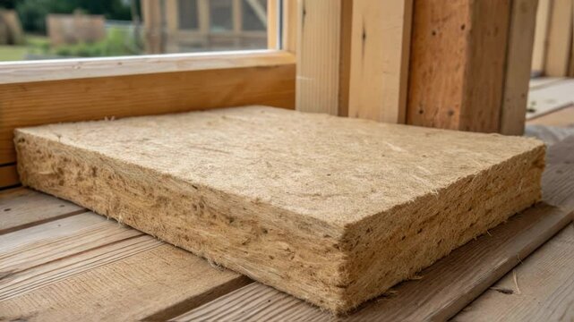 A medium closeup of a wooden fiber insulation board p against a wooden frame displaying the rough edges and organic grain pattern for an ecofriendly aesthetic.