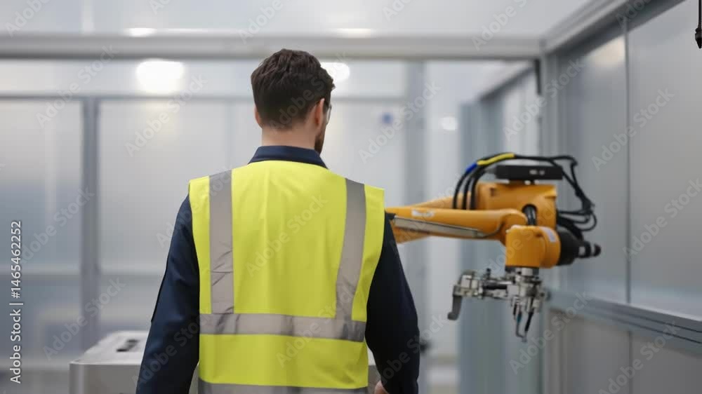 Aufkleber A medium closeup of a worker overseeing a robotic installation with the robotic arm actively positioning a prefabricated unit merging human oversight and technology.