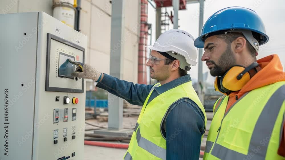 Poster a medium closeup of construction workers in safety gear interacting with a control panel showcasing 