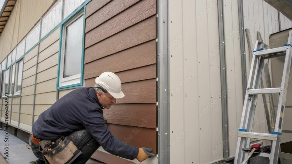 Aufkleber A medium closeup of exterior cladding being attached to a modular unit showcasing the craftsmanship and layering process that enhances weather resistance.