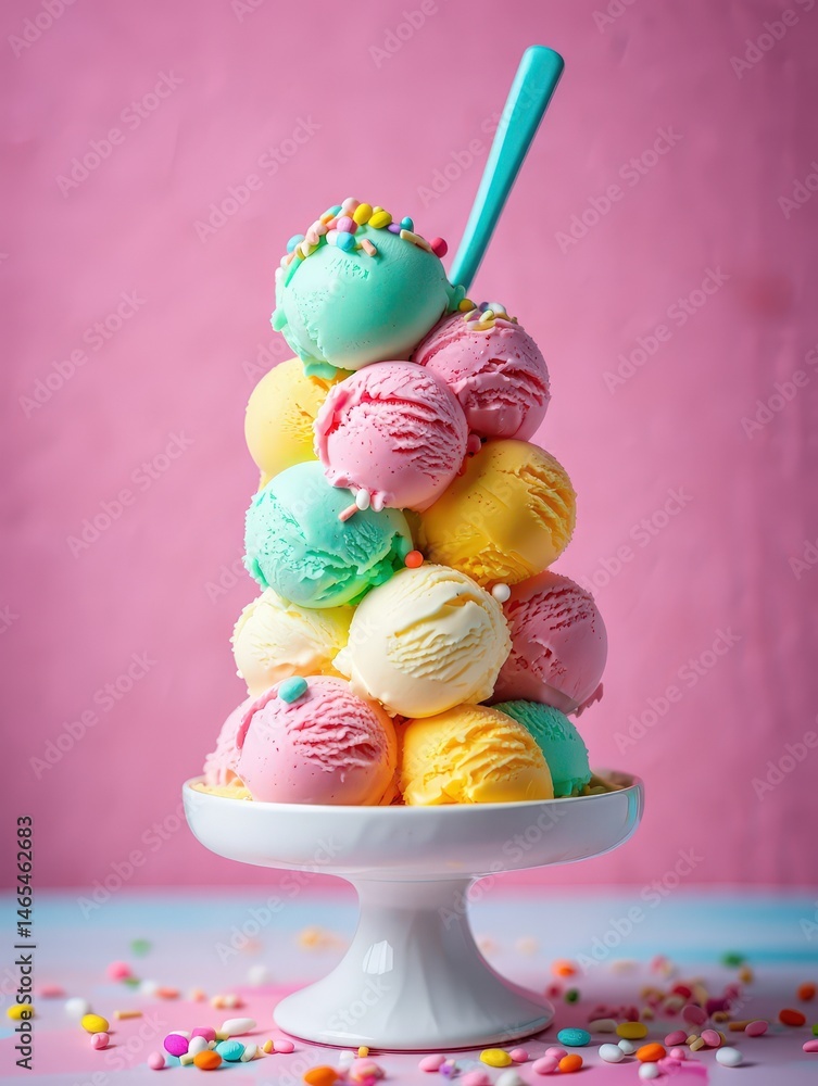 Poster a stack of colorful ice cream cones on a white plate against a pink background.