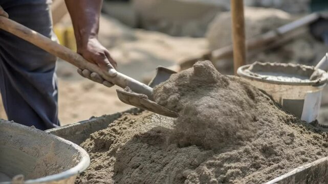 A medium closeup of a workers hands mixing lowcarbon cement with aggregates revealing the sustainable materials interspersed throughout the mixture.