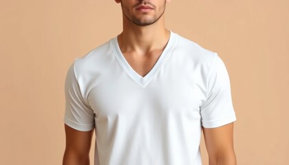 Fit young man wearing a white v neck t shirt in a studio setting, cropped portrait highlighting body shape and casual fashion style. Suitable for concepts of lifestyle, fitness, minimalism, and modern