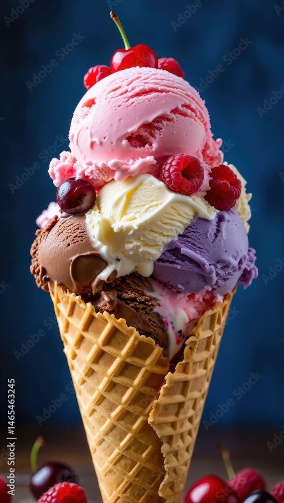 Poster a chocolate ice cream cone with various flavors of ice cream and toppings such as cherries and whipp
