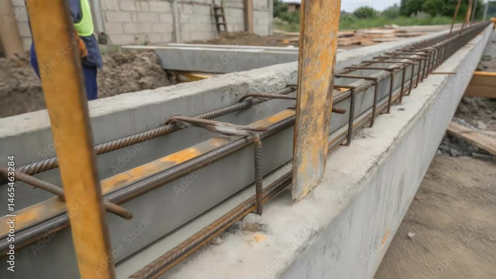 Poster A medium closeup of reinforced concrete beams with visible steel rebar structures emphasizing the robust design intended to withstand lateral forces during seismic activity.