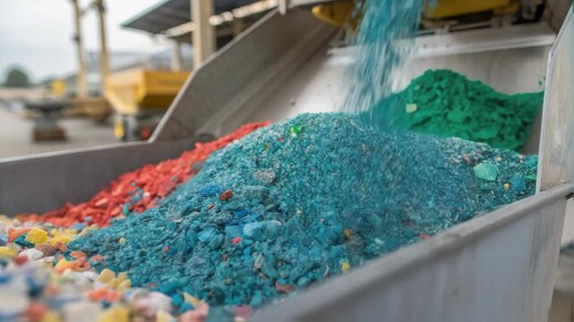 A medium closeup of recycled plastic waste being transformed into construction aggregate showcasing bright colors and transformed textures indicative of the recycling process.