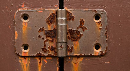 A close up of a rusty metal hinge attached to a brown painted surface with visible corrosion spots