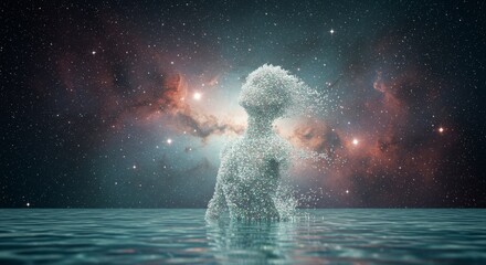 Obraz premium Celestial Being Emerging From Ocean Depths - Ethereal figure, cosmic background, ocean water, transformation, spiritual awakening. Symbolizes rebirth, unity, mystery, transcendence, and hope